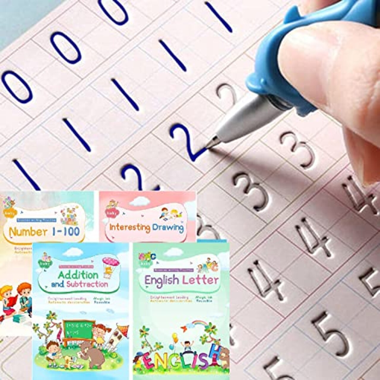 Magic Ink Copybooks for Kids Reusable Handwriting Workbooks for Preschools Grooves Template Design and Handwriting Aid (ENLARGED-Version 4books+Pens)